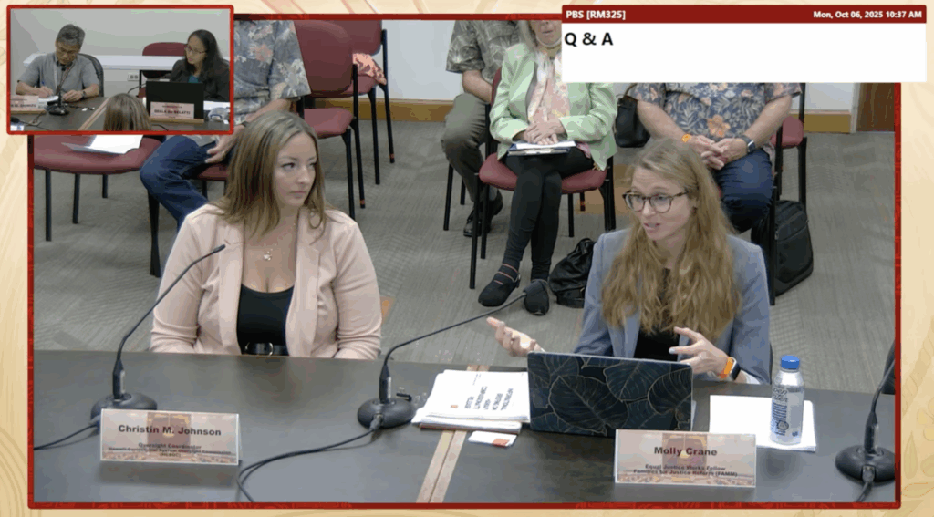 Molly Crane, right, a lawyer with Families for Justice Reform, makes a case for compassionate release on Oct. 6 during a briefing before the House Public Safety Committee. Jpoining her is Christin Johnson, oversight coordinator for the Hawaiʻi Correctional System Oversight Commission. 