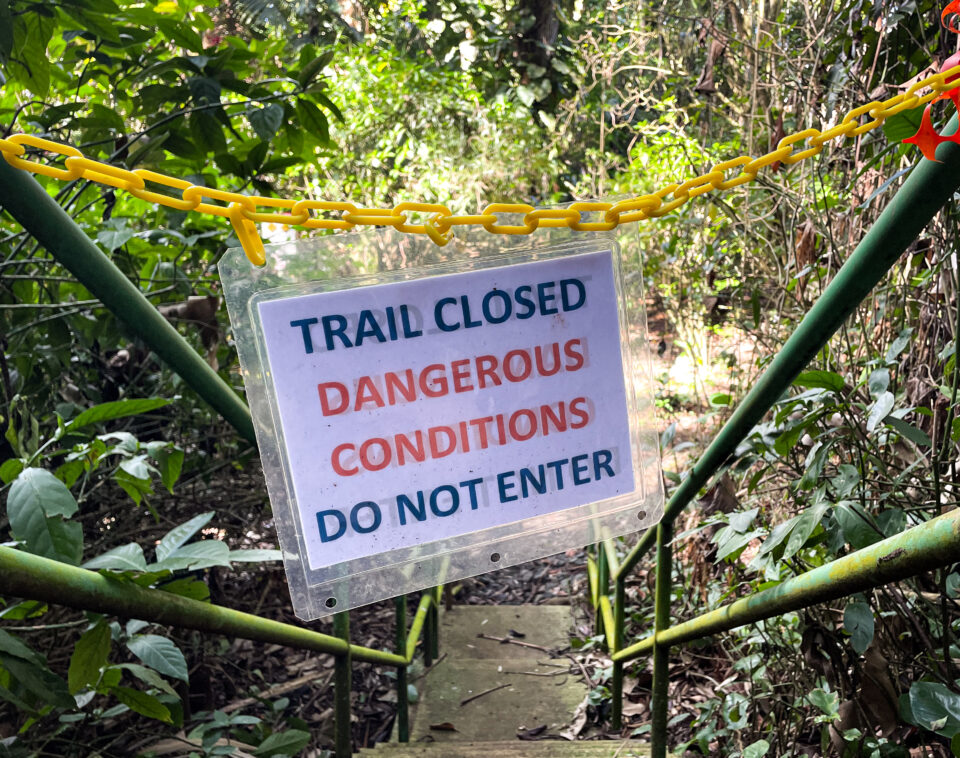 Trail closures at Wahiawā Botanical Garden to protect guests from hazardous conditions. (Leilani Combs/Civil Beat/2025)