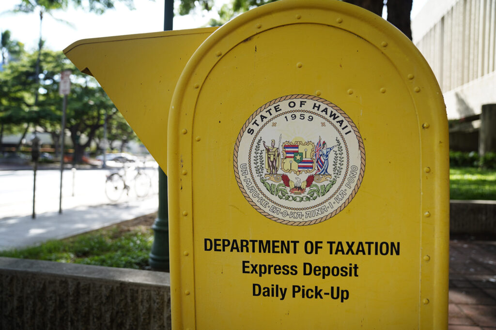 Department of taxation drop box is photographed Thursday, Dec. 4, 2025, in Honolulu. (Kevin Fujii/Civil Beat/2025)