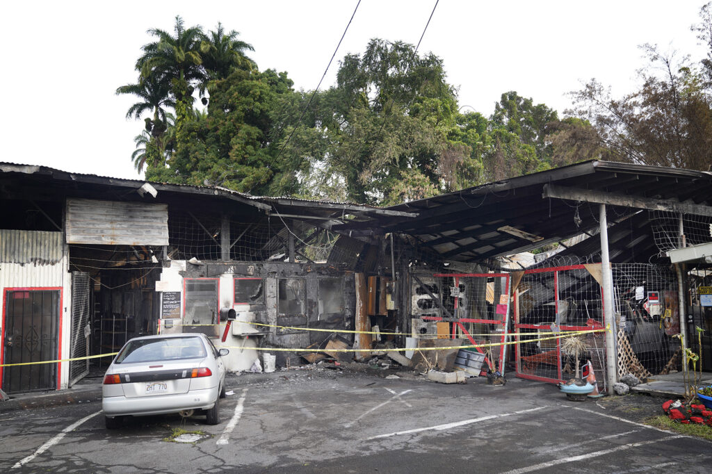 The aftermath of the former poi factor fire is photographed Tuesday, Dec. 16, 2025, in Hilo. Two women died at the former poi factory. (Kevin Fujii/Civil Beat/2025)