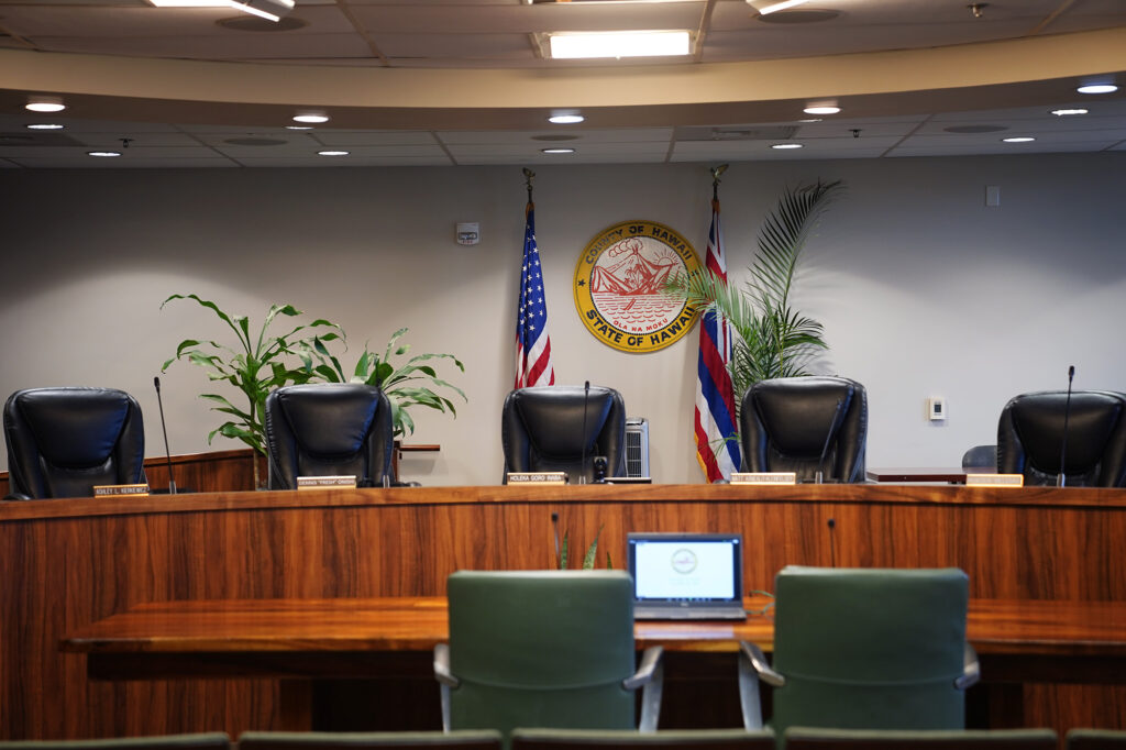 The Hawaiʻi County Council chamber is photographed Tuesday, Dec. 16, 2025, in Hilo. Today’s meeting is taking place in West Hawaiʻi. (Kevin Fujii/Civil Beat/2025)