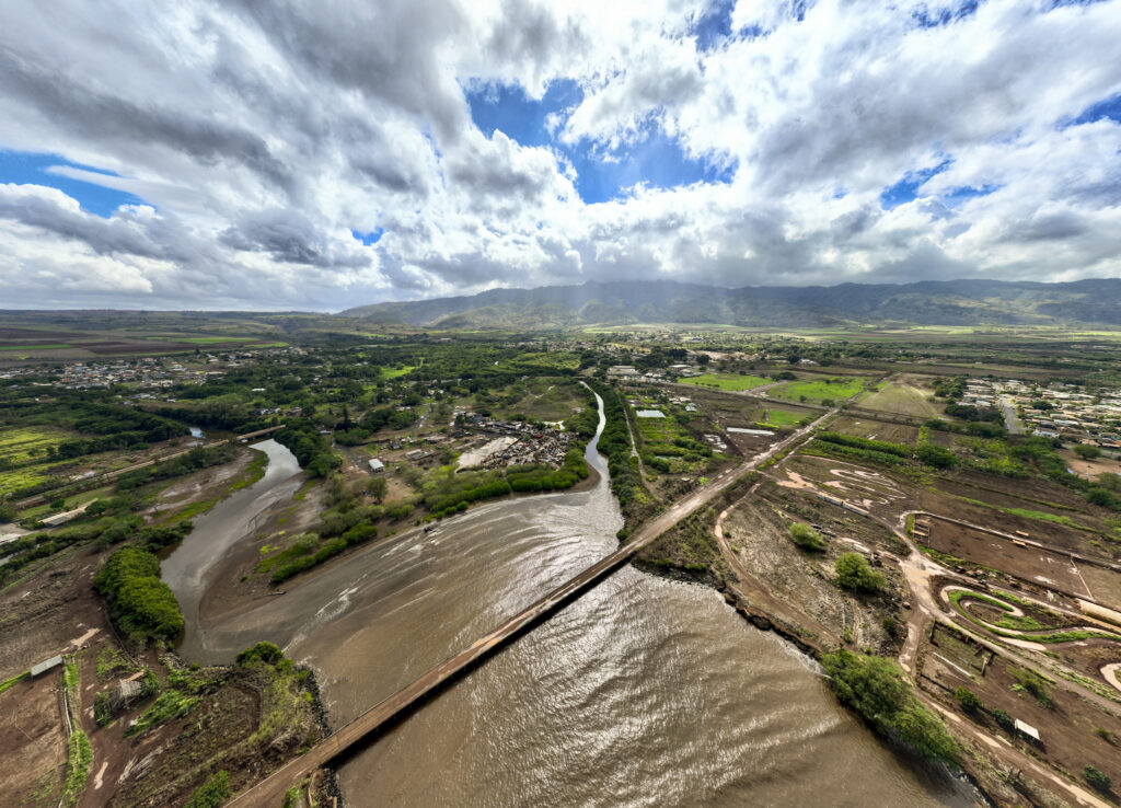 Kaiaka Bay, located on the North Shore of Oʻahu, turns brown after rains wash soil into the waters, Wednesday, Dec. 17, 2025. (Nathan Eagle/Civil Beat/2025)