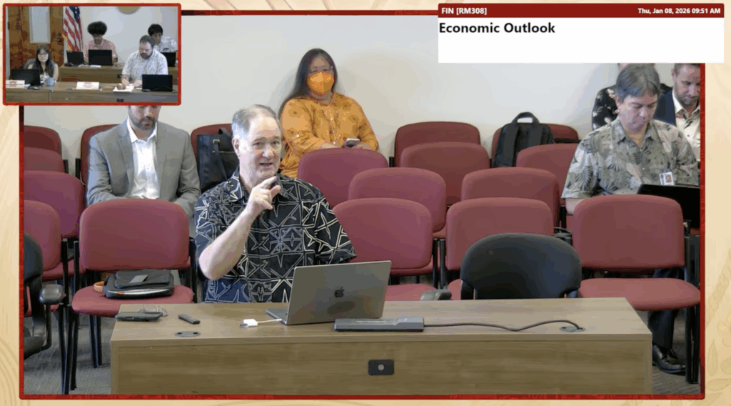 Carl Bonham, executive director of the University of Hawaiʻi Economic Research Organization (UHERO) briefs the House Finance Committee on Hawaiʻi's economic outlook on Thursday. Bonham worries that economic conditions on the mainland could deteriorate, which could have a huge impact on the state's all-important tourism industry.