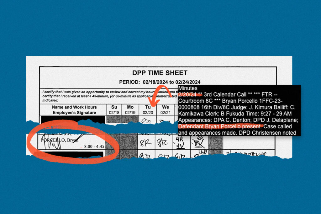 photo art of scans from Bryan Procello's DPP timesheet showing he worked on 2/20/2024, contradicting being present at a court meeting