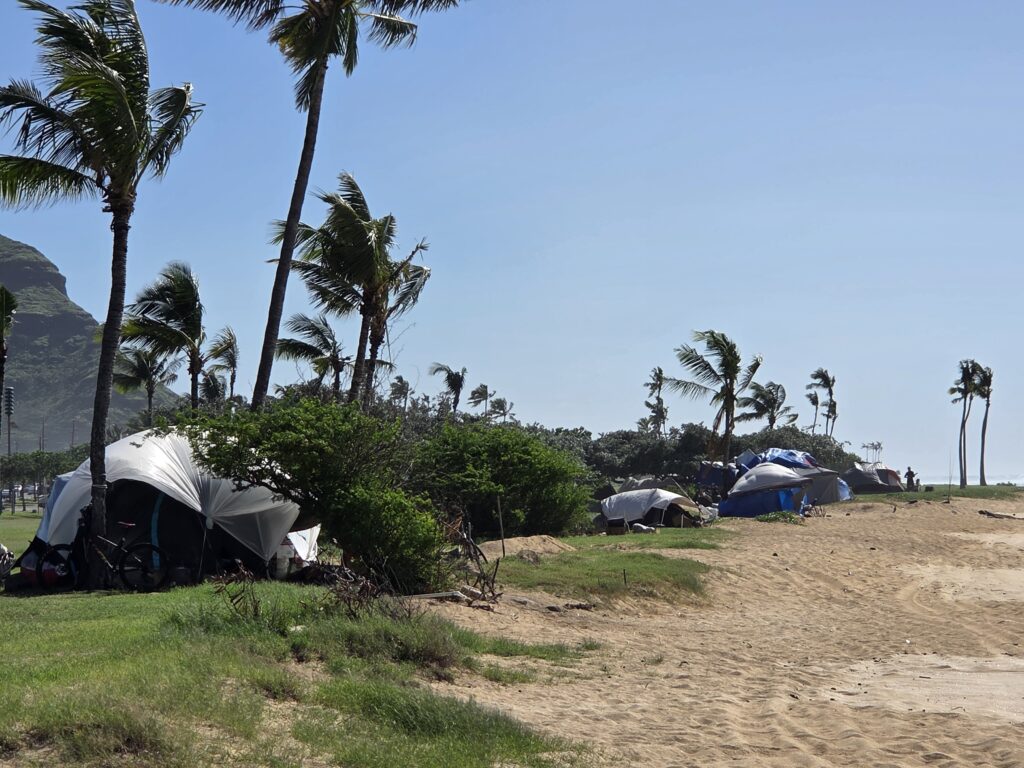 An encampment on a beach near Nānākuli is home to some of hundreds of people who live on the west side's beaches.