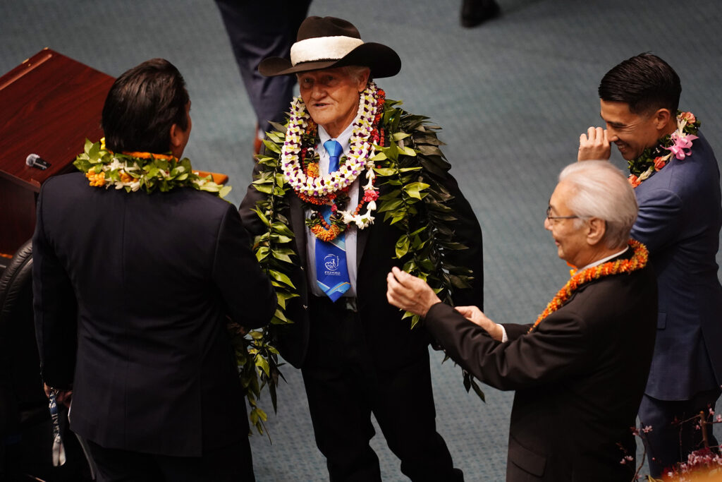 Sens. Dru Mamo Kanuha, from left, Tim Richards, Les Ihara and Brandon Elefante Hawaiʻi State Legislature opens Wednesday, Jan. 21, 2026, in Honolulu. (Kevin Fujii/Civil Beat/2026)