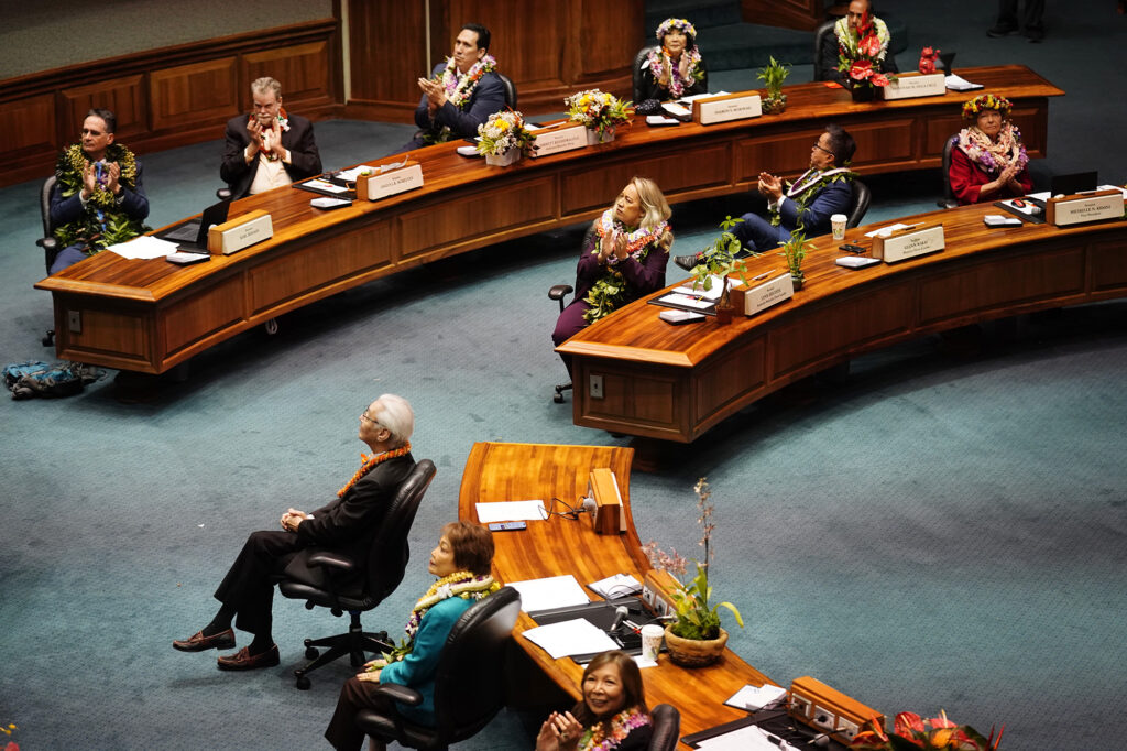 The Hawaiʻi State Legislature opens with recognition of dignitaries in the gallery Wednesday, Jan. 21, 2026, in Honolulu. Sens. Karl Rhoads, clockwise from upper left, Angus McKelvey, Jarrett Keohokalole, Sharon Moriwaki, Donovan Dela Cruz, Michelle Kidani, Glenn Wakai, Lynn DeCoite, Les Ihara, Jr., Lorraine Inouye and Joy San Buenaventura. (Kevin Fujii/Civil Beat/2026)