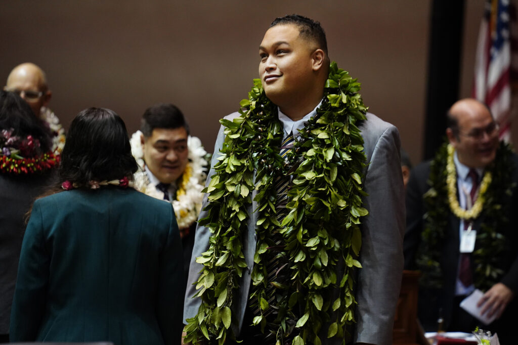 Rep. Darius Kila looks toward the gallery after the Hawaiʻi State Legislature opens Wednesday, Jan. 21, 2026, in Honolulu. (Kevin Fujii/Civil Beat/2026)