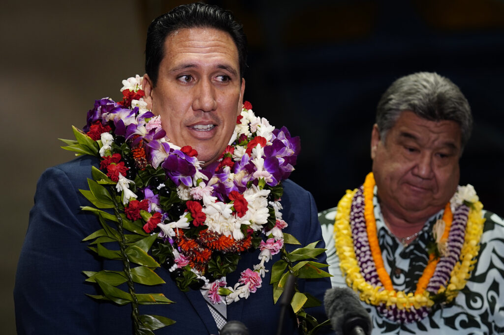 Sen. Jarrett Keohokulole speaks as Senate President Ron Kouchi looks on during the post Hawaiʻi State Legislature press briefing Wednesday, Jan. 21, 2026, in Honolulu. (Kevin Fujii/Civil Beat/2026)