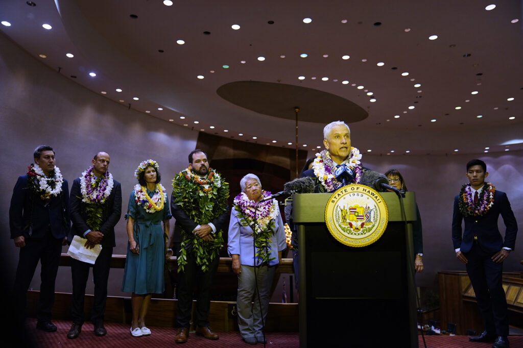 Rep. David Tarnas speaks during the Hawaiʻi State Legislature post-opening press briefing Wednesday, Jan. 21, 2026, in Honolulu. Others in attendance are Scot Matayoshi, Luke Evslin, Lisa Marten, Chris Todd, Dee Morikawa, Speaker Nadine Nakamura and Jackson Sayama. (Kevin Fujii/Civil Beat/2026)