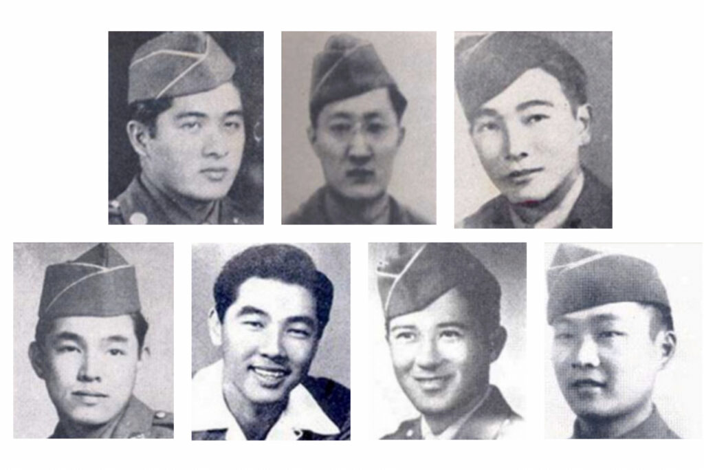 This combo image made with photos provided by the U.S. Army Pacific shows, from left to right, University of Hawaii ROTC cadets Jenhatsu Chinen, Daniel Betsui and Howard Urabe, top row, and Hiroichi Tomita, Grover Nagaji, Robert Murata and Akio Nishikawa, bottom row. (U.S. Army Pacific via AP)