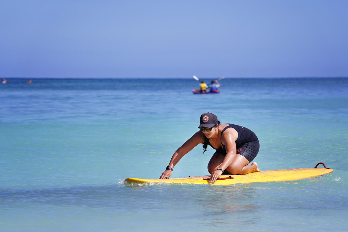 Honolulu Ocean Safety Departmen Lt. Chelsea Kahalepauole-Bizik paddles in during a fitness break at Kailua Beach Park Tuesday, Jan. 27, 2026, in Kailua. (Kevin Fujii/Civil Beat/2026)