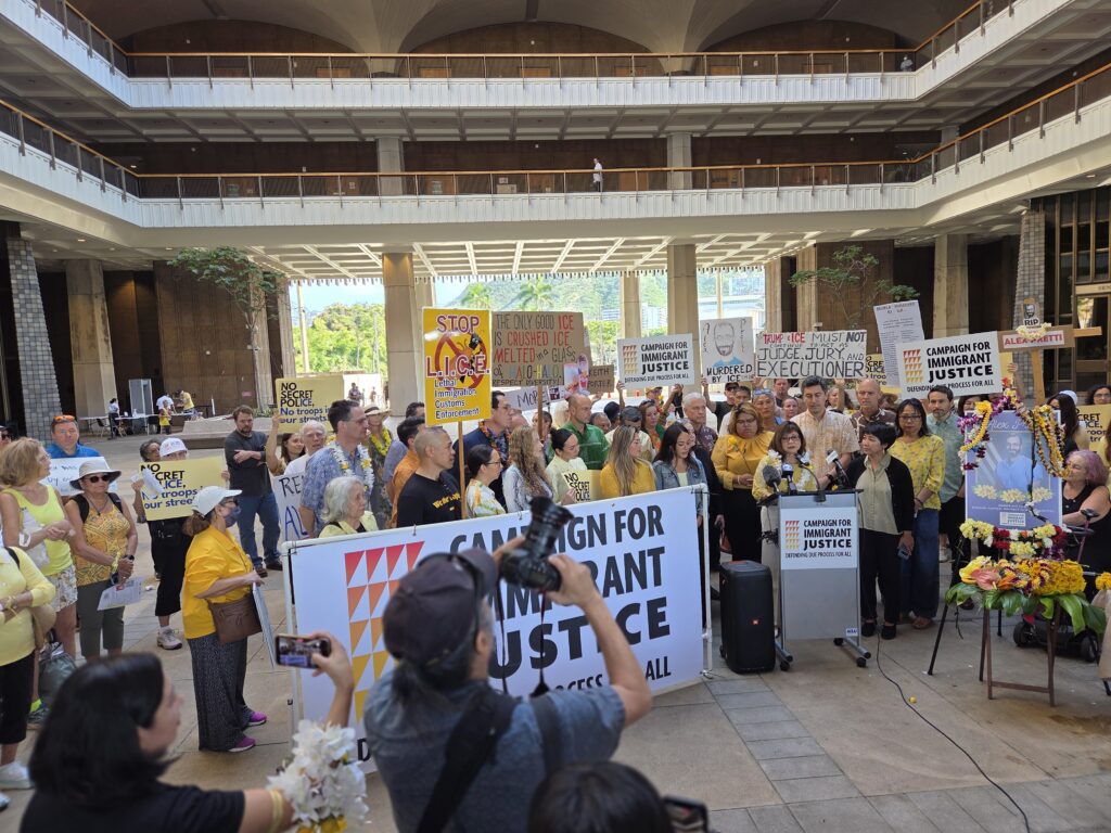 House Speaker Nadine Nakamura at a rally at the state Capitol against federal immigration enforcement policy. She called for legislation protecting immigrants.