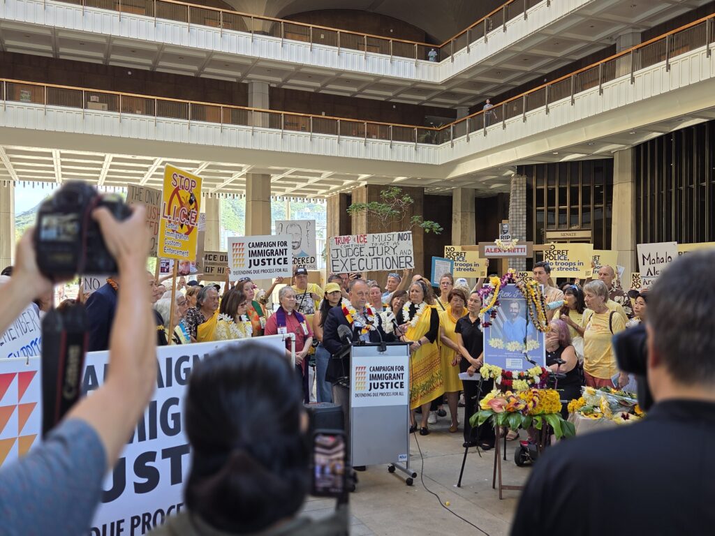 Gov. Josh Green speaks at a rally at the Capitol on Tuesday, Jan. 27, 2025 protesting ICE and the federal government's immigration enforcement policy.