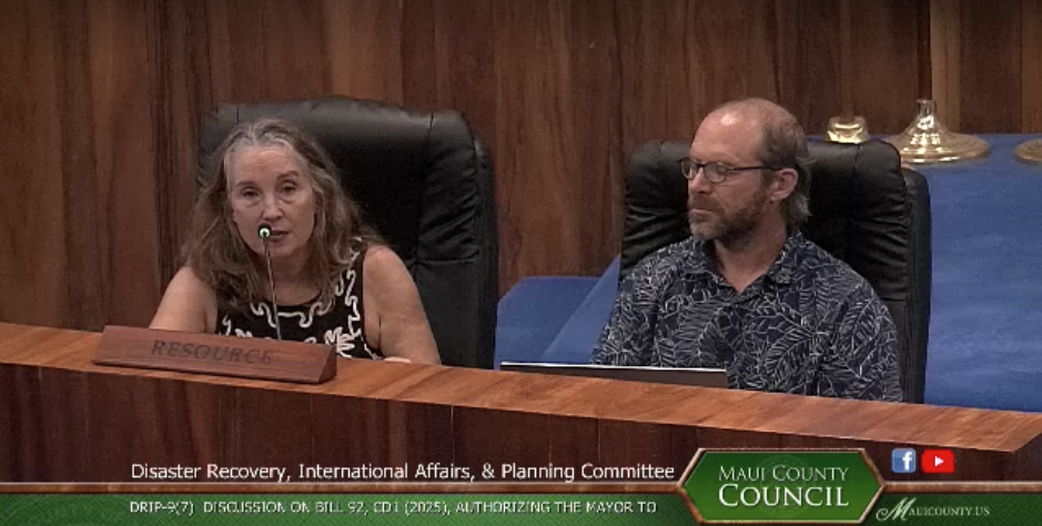 Marnie Masuda and Jake Carton of Maui Indivisible speaking at the Maui County Council's Disaster Recovery, International Affairs and Planning Committee on Jan. 28, 2026