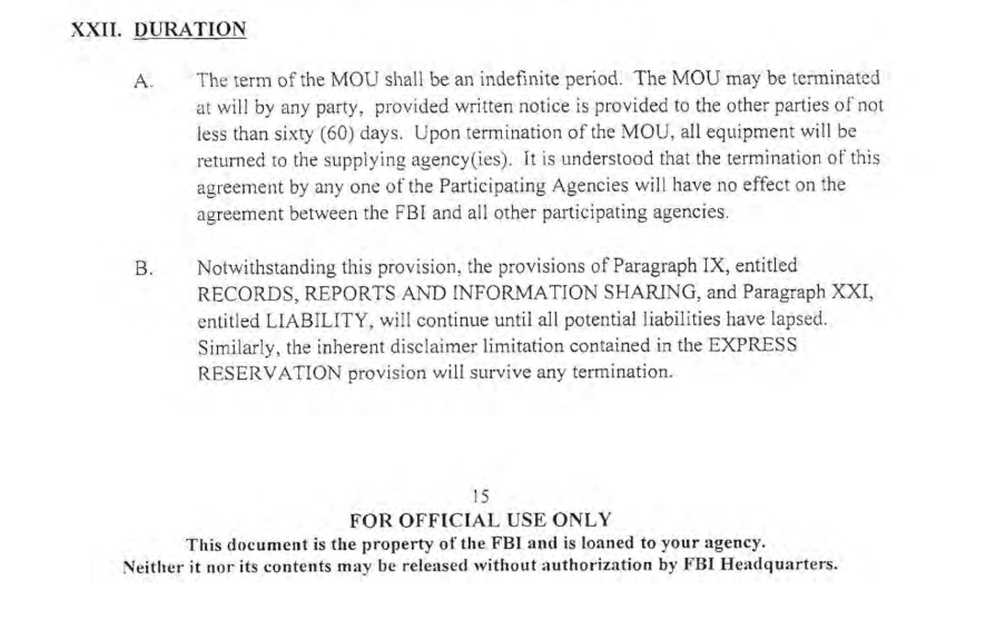 The section of the 2007 memorandum of understanding between the Maui Police Department and the FBI-Joint Terrorism Task Force that outlines how either organization could withdraw from the agreement.