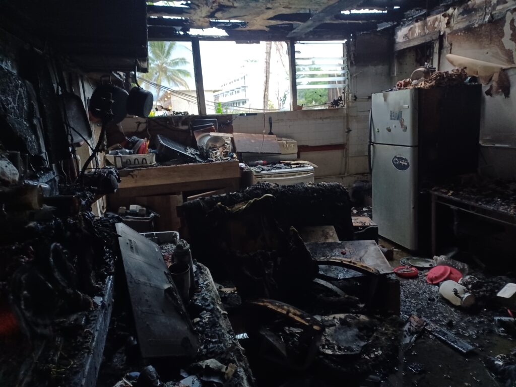 Fire damage to an apartment at the old poi factory at 265-D Kekūanāoʻa St., Hilo on Nov. 29, 2025. Supplied photo by tenant Michael Herscock.