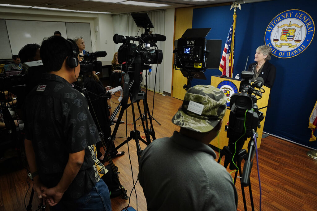 Attorney General Anne Lopez briefs journalists in the ongoing case involving an influential legislator accepting $35,000 Friday, Feb. 13, 2026, in Honolulu. (Kevin Fujii/Civil Beat/2026)
