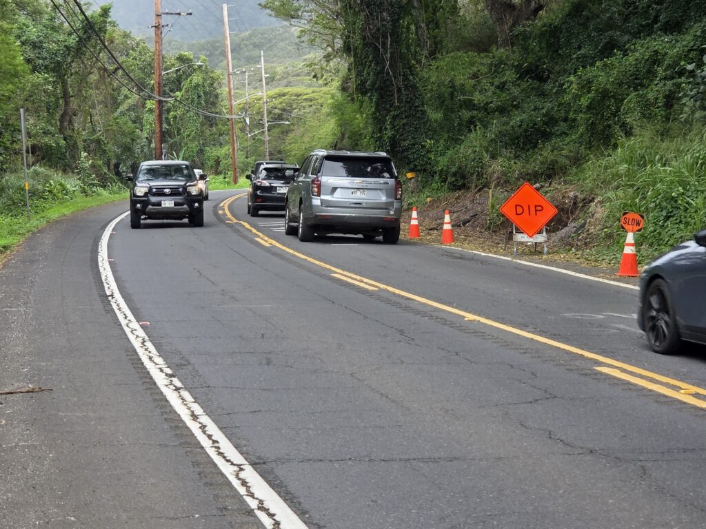 Signs on Kamehameha Highway warning of dip and bump ʻion road