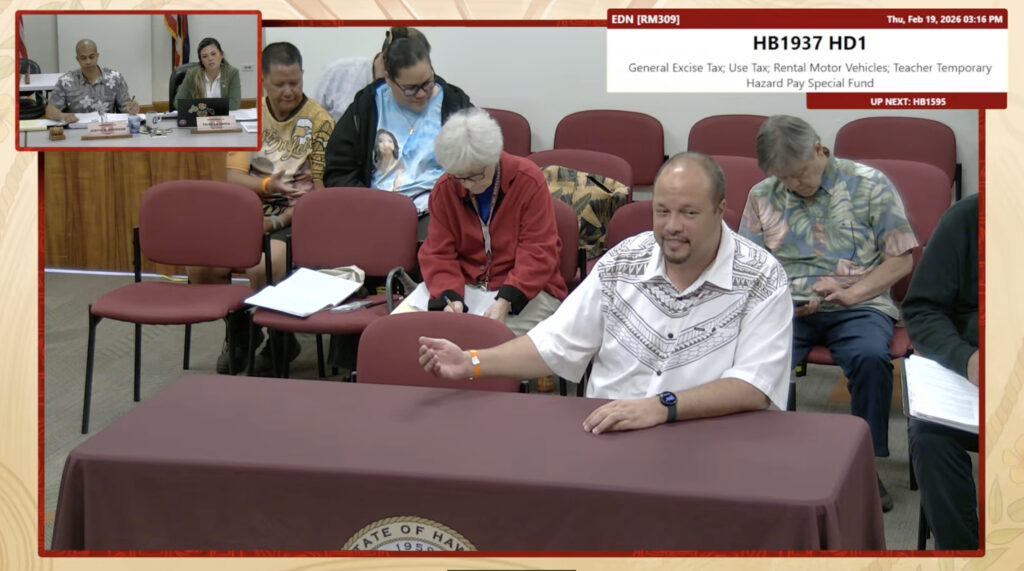 Hawaiʻi State Teachers Association President Osa Tui Jr. makes a pitch for pandemic hazard pay for teachers to the House Education Committee on Thursday. The union wants to end a tax "loophole" from rental car companies to pay for hazard pay for teachers, which HSTA estimates will cost $200 million.