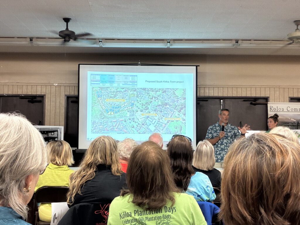 Developer Mike Serpa of SK Investors LLC presents his 148-unit housing project to the Kōloa community on Feb. 18, 2026. (Noelle Fujii-Oride/Civil Beat/2026)