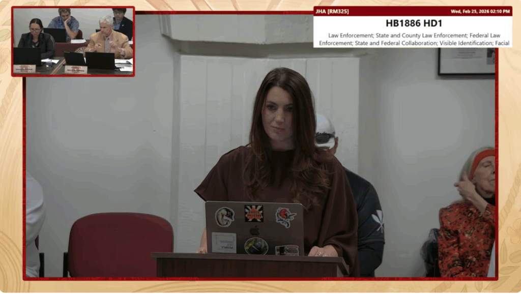 ACLU Policy Director Mandy Fernandes speaks at the House Judiciary and Hawaiian Affairs Committee.