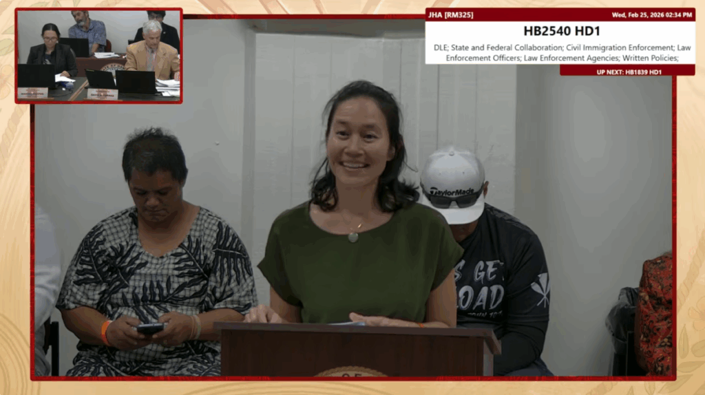 The Legal Clinic's Community and Policy Advocate, Tina Sablan, speaking at a House Judiciary and Hawaiian Affairs Committee hearing about bills addressing immigration enforcement.