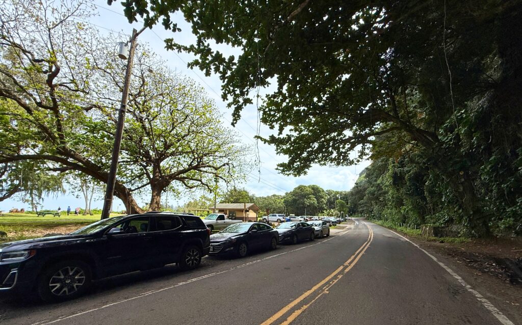 Cars park along Kūhiō Highway because the parking lot at Hā‘ena Beach Park is full. Taken on Feb. 27, 2026.