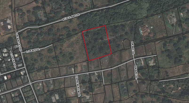 An aerial view of a block of agricultural land in Kona showing the boundaries and the lack of direct road access.