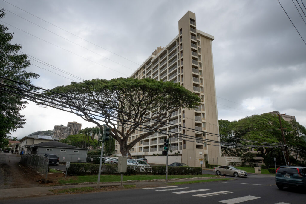 A 16-story tan colored high rise building with a large shade tree to the left.