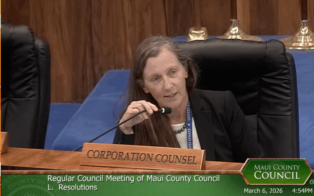 Mimi DesJardins, Maui County's First Deputy Corporation Counsel, speaks at the Maui County Council meeting on March 6, 2026.
