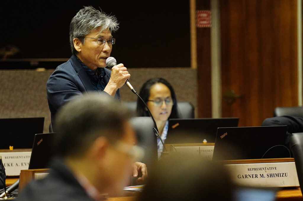 Rep. Garner Shimizu speaks Friday, March 6, 2026, in Honolulu. (Kevin Fujii/Civil Beat/2026)