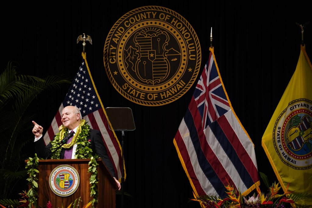 Mayor Rick Blangiardi delivers his State of City address Wednesday, March 18, 2026, in Honolulu. (Kevin Fujii/Civil Beat/2026)