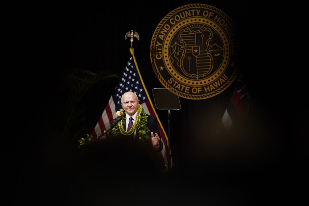 Mayor Rick Blangiardi delivers his State of City address Wednesday, March 18, 2026, in Honolulu. (Kevin Fujii/Civil Beat/2026)