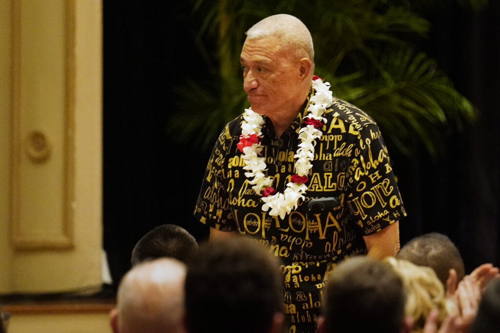 Maui Mayor Richard Bissen stands after being introduced before Honolulu Mayor Rick Blangiardi’s State of City Wednesday, March 18, 2026, in Honolulu. (Kevin Fujii/Civil Beat/2026)