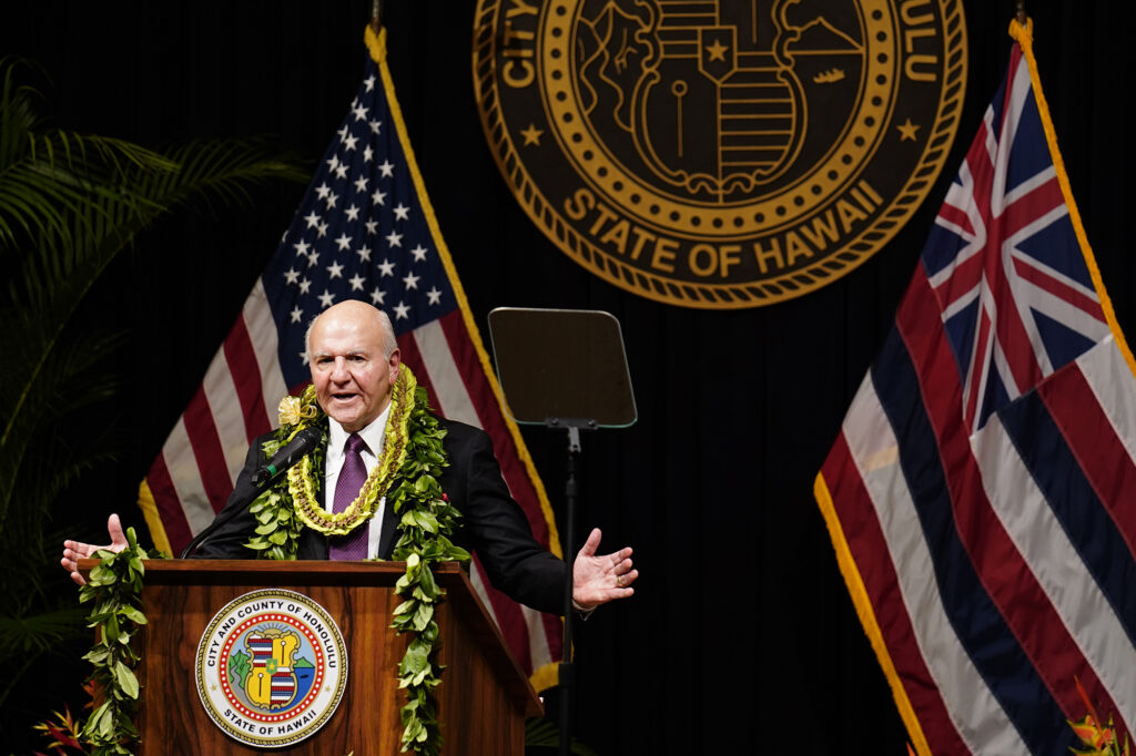 Mayor Rick Blangiardi delivers his State of City Wednesday, March 18, 2026, in Honolulu. (Kevin Fujii/Civil Beat/2026)