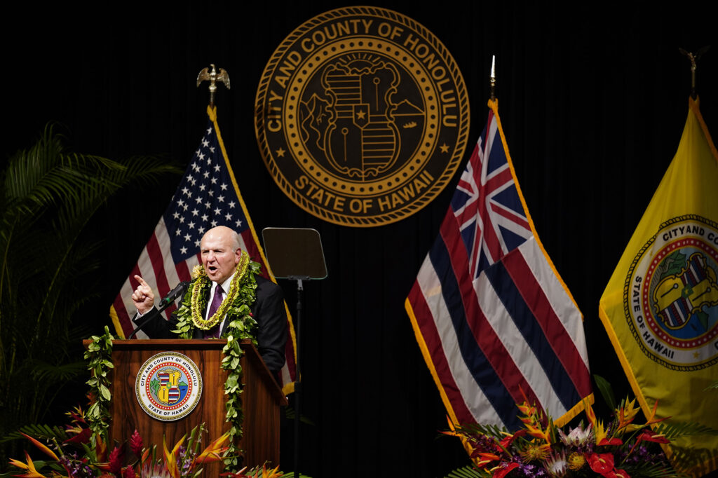 Mayor Rick Blangiardi delivers his State of City Wednesday, March 18, 2026, in Honolulu. (Kevin Fujii/Civil Beat/2026)