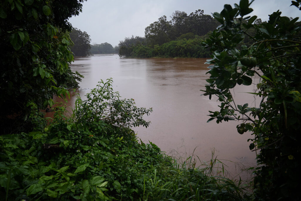 The Wahiawā Reservoir nears flood stage as rain from the second Kona Low raises the level of Lake Wilson Friday, March 20, 2026, in Wahiawā. (Kevin Fujii/Civil Beat/2026)