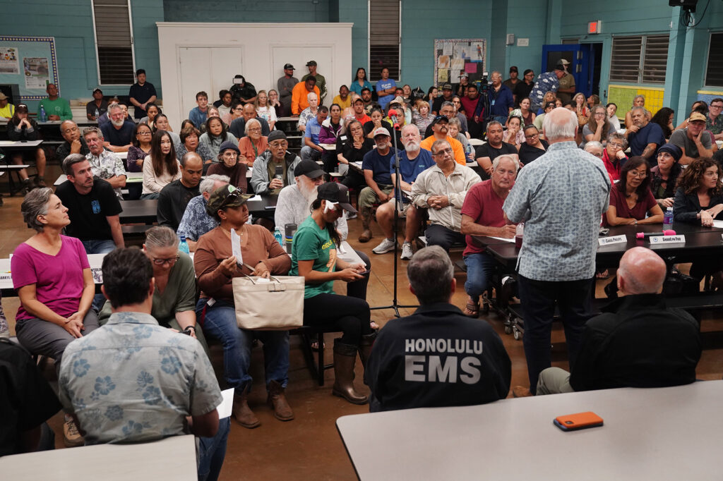Mayor Rick Blangiardi speaks during the regularly scheduled North Shore community board meeting about the  flooding at Waialua Elementary Tuesday, March 24, 2026, in Waialua. (Kevin Fujii/Civil Beat/2026)