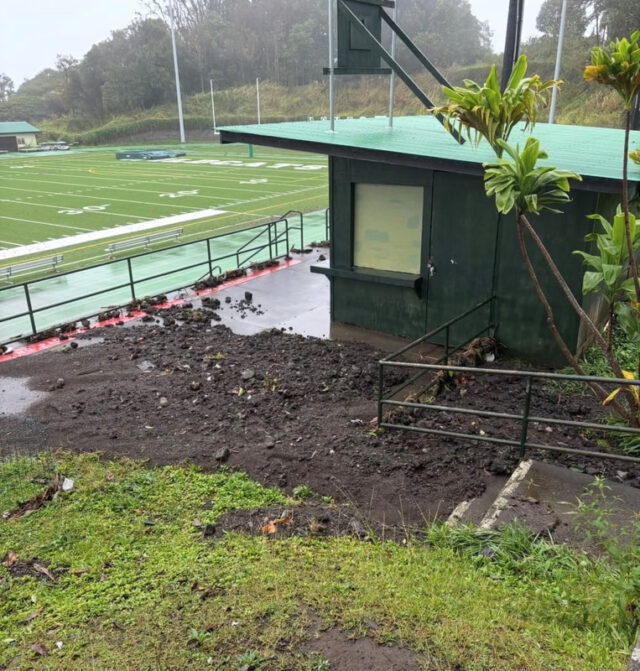 Konawaena's High School athletic facilities were damaged in the flood, including the track and field and gym. 