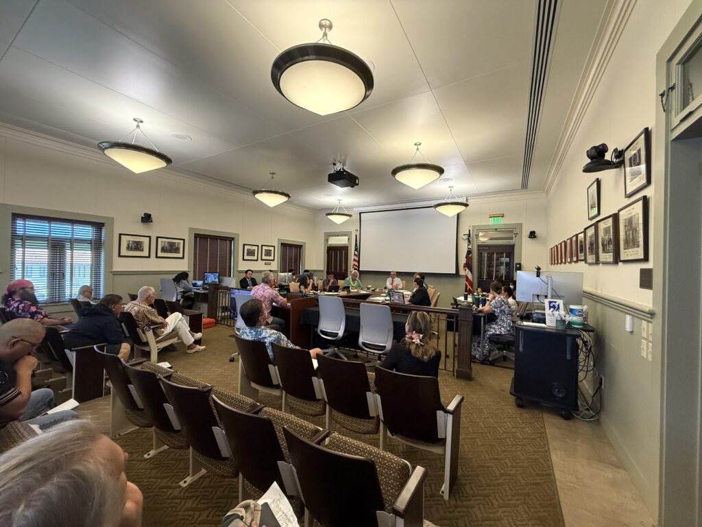 Seven Kauai councilmembers sit at a table at the front of the room while eight attendees watch from chairs in the back.