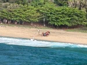 The Coast Guard, agency partners and good Samaritans responded to a helicopter crash off Kalalau Beach on Kaua‘i, Thursday. (Courtesy: U.S. Coast Guard/2026)
