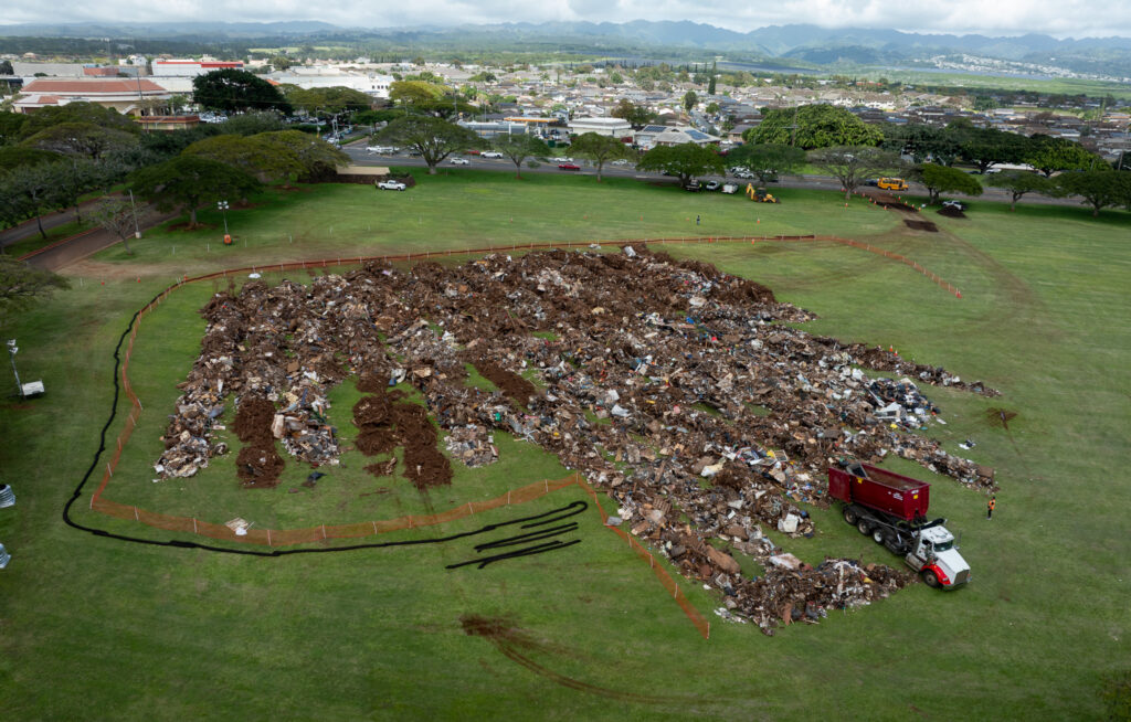 Several dozen loads of flood debris are piliing up at the City & County temporary site at Patsy T. Mink Central Oahu Regional Park March 25, 2026. (Craig Fujii/Civil Beat/2026)