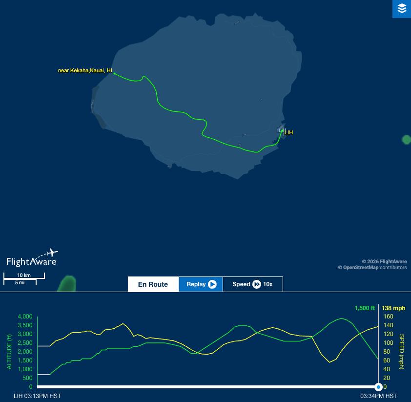 A screenshot showing a map of Kauaʻi and a yellow line representing the flight path of a helicopter that crashed on March 2026.