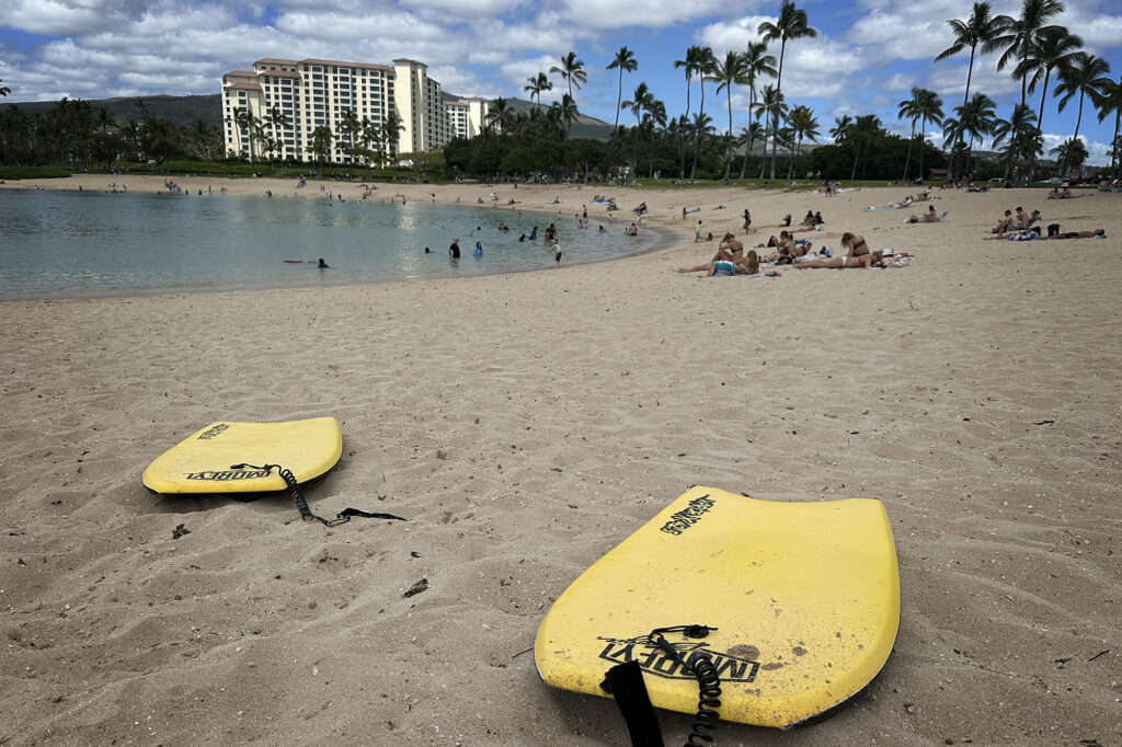 Boogie boards purchased from Costco for $50 each are photographed Thursday, April 3, 2026, at Ko Olina in Kapolei. The mother took offense to these being called cheap and wondered if they would be banned under the proposed legislation. (Kevin Fujii/Civil Beat/2026)