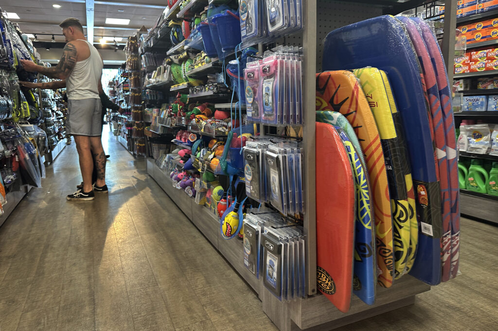 Inexpensive boogie boards are photographed in a retail store Thursday, April 3, 2026, at Ko Olina in Kapolei. (Kevin Fujii/Civil Beat/2026)
