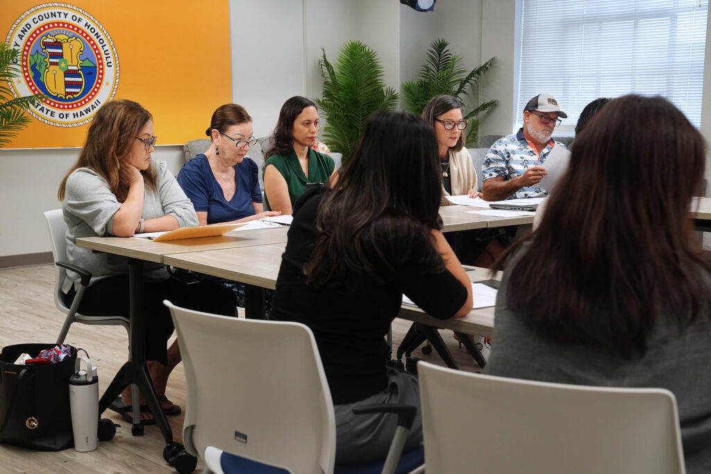 Honolulu Salary Commission’s Stanna Abellira, from left,  Marie Kumabe, ʻAuliʻi Dudoit, Sarah Guay and Emmit Kane meet Monday, April 6, 2026, in Honolulu. A 4.7% salary increase for elected and appointed officials is on the table following a significant pay increase in 2023. (Kevin Fujii/Civil Beat/2026)