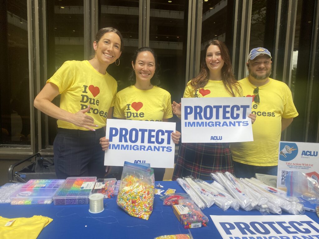 Liza Ryan-Gill, Mandy Fernandez and Josh Frost of ACLU Hawaiʻi a the Capitol Tuesday to support pro-immigration bills. Second from left is Tina Sablan of The Legal Clinic. (Chad Blair/Civil Beat/2026)
