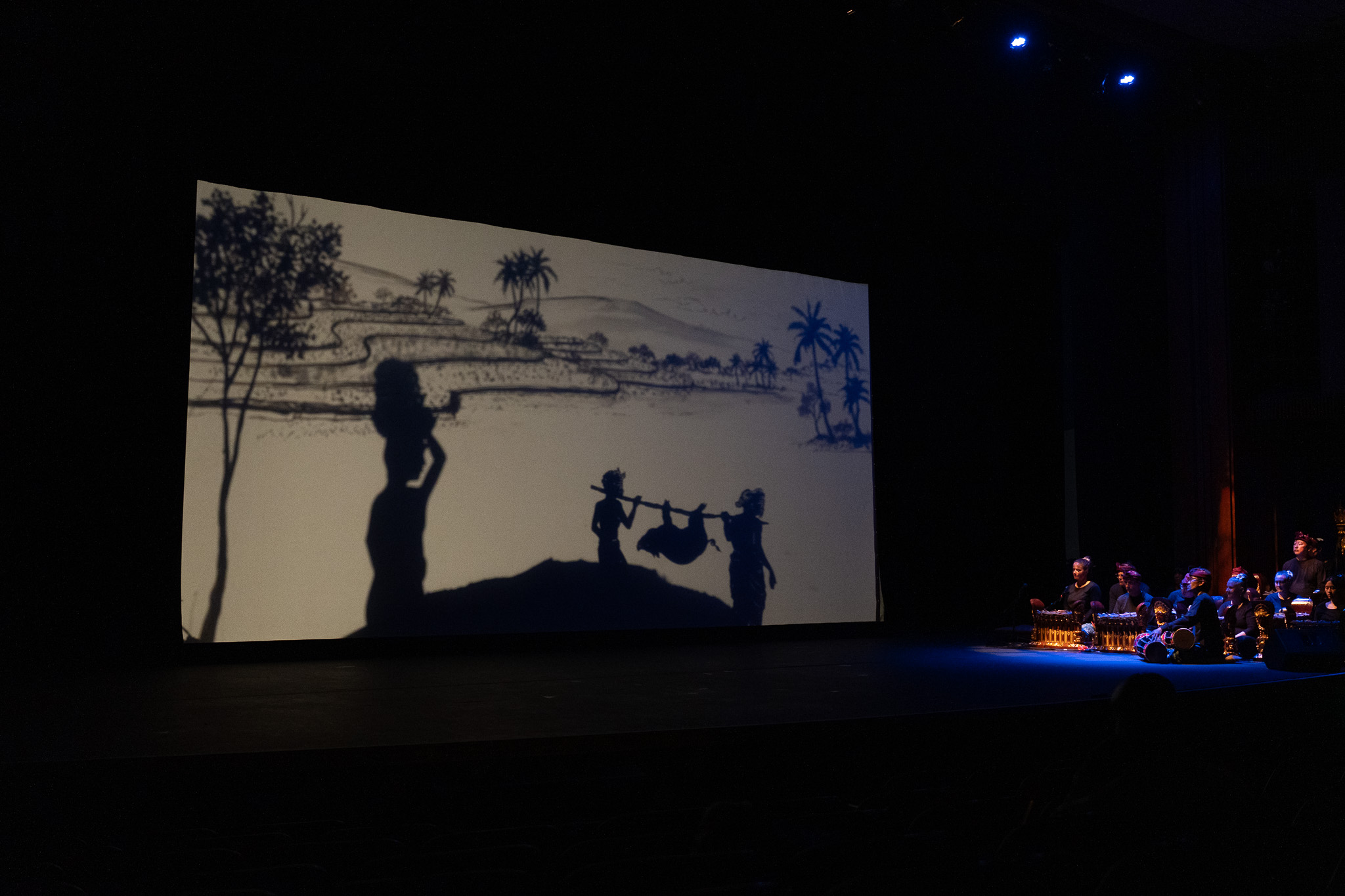 A series of showing moving shadow puppets moving on a screen during a Balinese style production at UH Manoa April 16, 2026. (Craig Fujii/Civil Beat/2026)