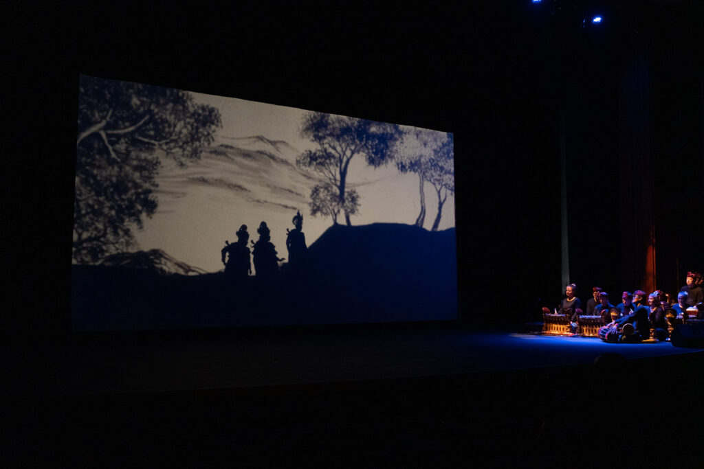 A series of showing moving shadow puppets moving on a screen during a Balinese style production at UH Manoa April 16, 2026. (Craig Fujii/Civil Beat/2026)
